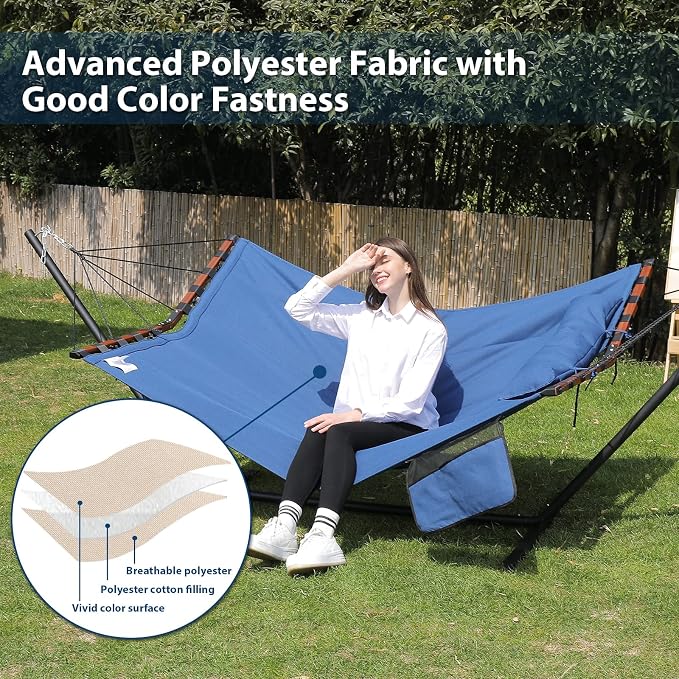 TegerDeger 12FT 2 Person Hammock Large Hammock 450LB Capacity with V Shaped Hardwood Spreader Bar & Nylon Rope for Outside, Patio, Garden, Backyard, Beach, Poolside - Blue - Image 5