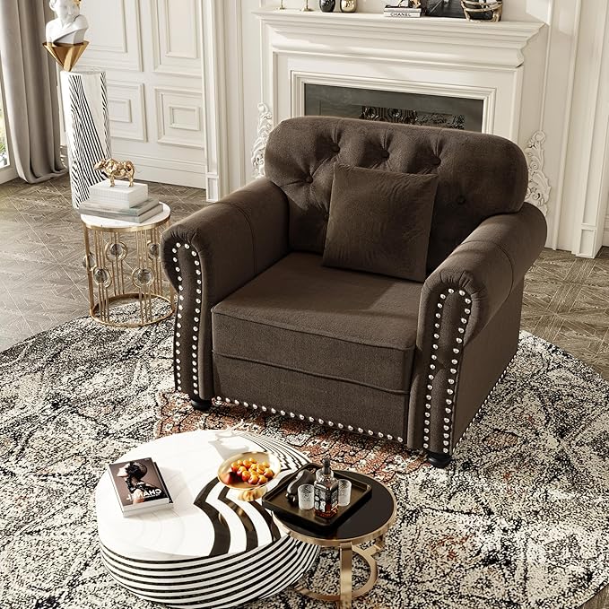 KEIKI 41" Velvet Chesterfield Sofa with Rolled Arms & Nailhead Trim & 1 Ottoman, Modern 1-Seater Button Tufted Couch with High Resilience Cushion & 1 Pillow, Easy Assembly, for Living Room, Brown