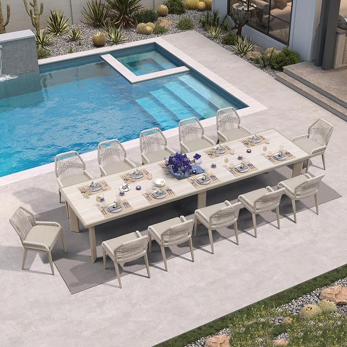 PURPLE LEAF 13 Pieces Patio Dining Set Aluminum Rectangular Table and Wicker Chairs with Cushions for Kitchen Porch Garden Modern Outdoor Furniture Sets, Champagne - Image 2