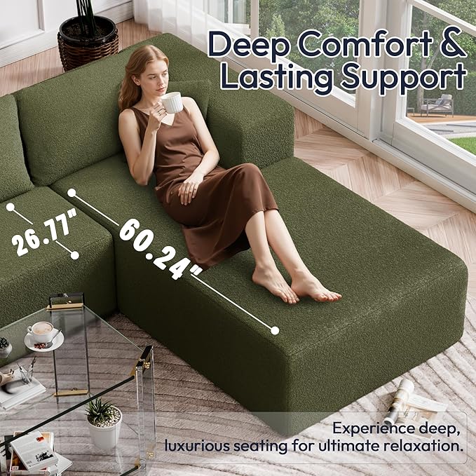 Cloud Sectional Couch, 105" Modular Sectional Sofa with Left Chaise Lounge, Modern Modular L-Shape Sofa with Pillows & Deep Seat, Wool Fabric Boneless Couches for Living Room Bedroom, Green