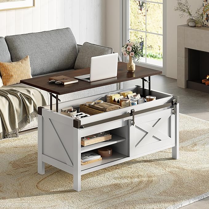WLIVE Lift Top Coffee Table, 39.4" Farmhouse Coffee Table with Large Hidden Storage Compartment, Sliding Barn Doors, Modern Wood Center Table for Living Room, Office, White
