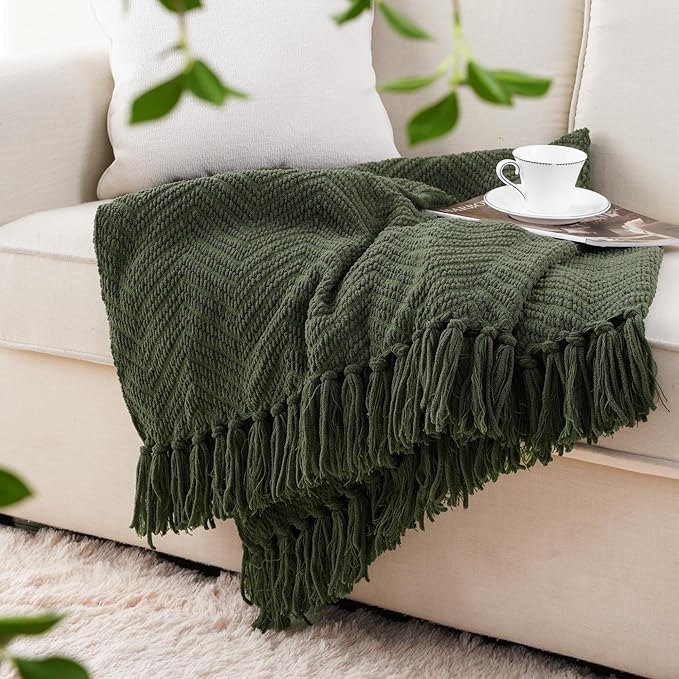 BATTILO HOME Olive Green Throw Blankets for Couch, Knitted Green Throw Blanket for Bed, Super Soft Warm Large Throws for Home Decor, 60" x 80"
