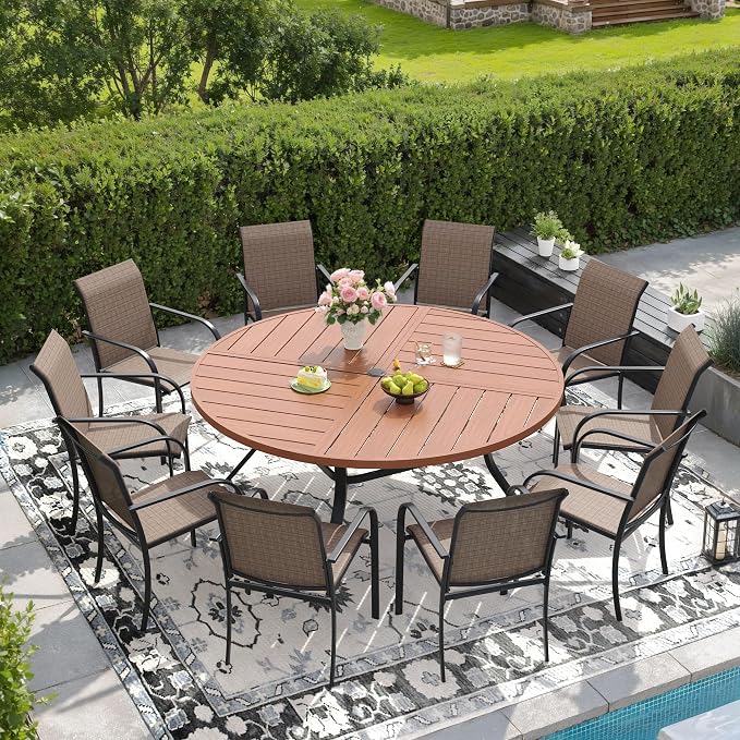 DIFY 11 Pieces Outdoor Patio Dining Set for 10, 59.8" Walnut Round Metal Dining Table and 10 Brown Stackable Sling Dining Chairs, Outdoor Table and Chairs for Lawn Garden Backyard Deck by DIFY