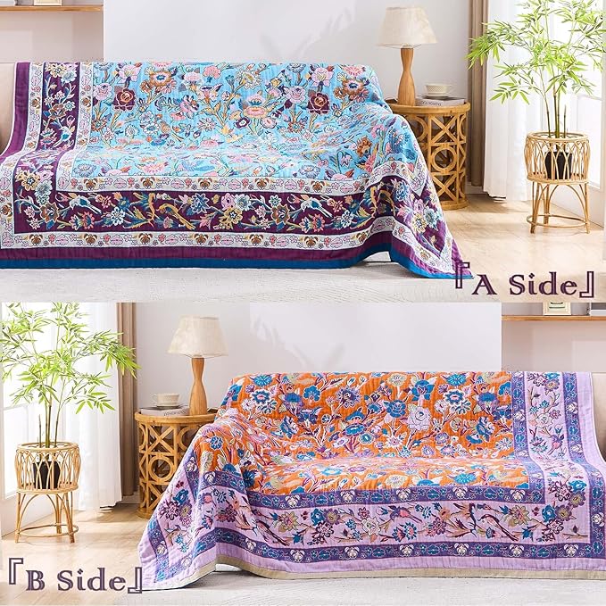 XIBLC Fall Blanket for Bed, 100% Cotton Soft Rustic Boho Throw Blanket Quilt, 50"x60" Farmhouse Decor Bed Flower Blankets, Light Weight Reversible Bohemian Throw Quilt
