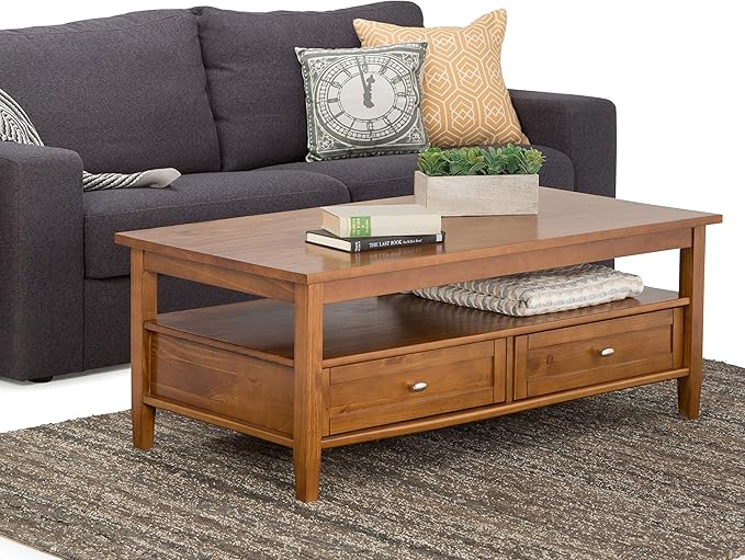 SIMPLIHOME Warm Shaker Coffee Table - 48 inch Wide Solid Wood Coffee Table in Light Golden Brown, Transitional Living Room Table with 2 Drawers, Open Shelf, Shaker Fronts and Tapered Legs