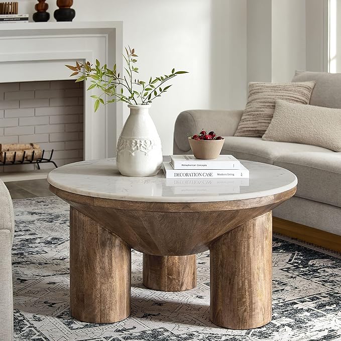 Modway Ellison 33 Inch Round Mango Wood Coffee Table in Walnut with Marble Top – Modern Drum Coffee Table for Living Room – Round Marble Center Table with Solid Wood Base
