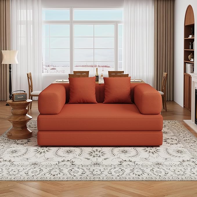 Folding Sofa Bed, 4 in 1 Convertible Sofas to Lounger Comfy Single Bean Bag Chair Floor Portable Foldable Sleeper Lazy Futon Couch Chair for Bedroom, Living Room (Orange, 53.15" Double Sofa)