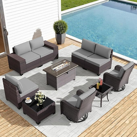 Gotland 10 Pieces Patio Furniture Set with 2 Swivel Rocking Chairs 1 Fire Pit Table, Patio Furniture in 4 Combinations with 1 Coffee Table Wide Armrests 29.5'' High Backrest, for Deck Garden Pool Gray