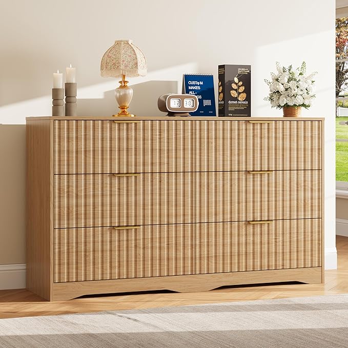 6 Drawer Dresser and Nightstand Sets for Bedroom, Modern Fluted 3 Pcs Bedroom Dresser Furniture Sets, Wood Chest of Drawers and Nightstand Set of 2 with Metal Handles, Natural Oak