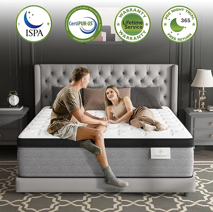 Onlylucky Firm Queen Mattress 14 Inch, Luxury Hybrid Queen Size Mattress in a Box, 7-Zones Individual Pocket Springs, Extra Hip/Shoulder/Lumbar Support, Fiberglass-Free, 365-Night Trial, CertiPUR-US