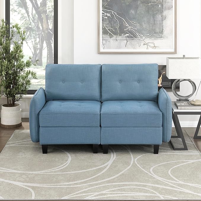 Lexicon Modern Loveseat with Hidden Storage, Textured Fabric Modular Love Seat with Button-Tufted Design, Reversible Back Cushion for Living Room/Bedroom/Office, Blue
