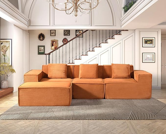 Rowan Convertible Corduroy Sectional Couch with Ottoman & Pillows, Modular L Shaped Sleeper Sofa, Boneless Cloud Couch for Living Room Furniture, Red Orange