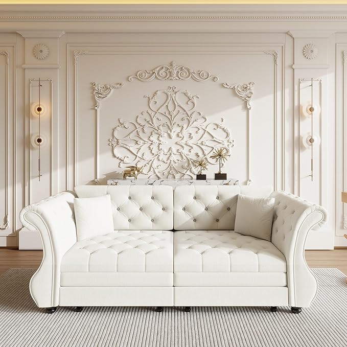 Eafurn Oversized 3-Seater Chesterfield Loveseat Convertible Queen Size Sleeper Couch Bed,Classic Tufted Velvet Pull Out Loveseat Sofa Bed with Roll Armrest and Solid Wood Legs