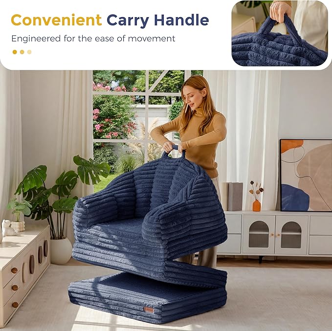 MAXYOYO Folding Sofa Bed, 2 in 1 Convertible Sofa to Lounger Comfy Faux Fur Bean Bag Chair for Adults, Floor Single Sleeper Couch Chair with Handle, Couch Bed for Living Room Bedroom, Navy