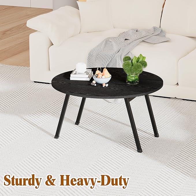 Round Folding Coffee Table for Small Spaces, Foldable Small Coffee Table Portable Sturdy, Easy Assembly Mid Century Low Wood Tables for Living Room, Home, Office, Black