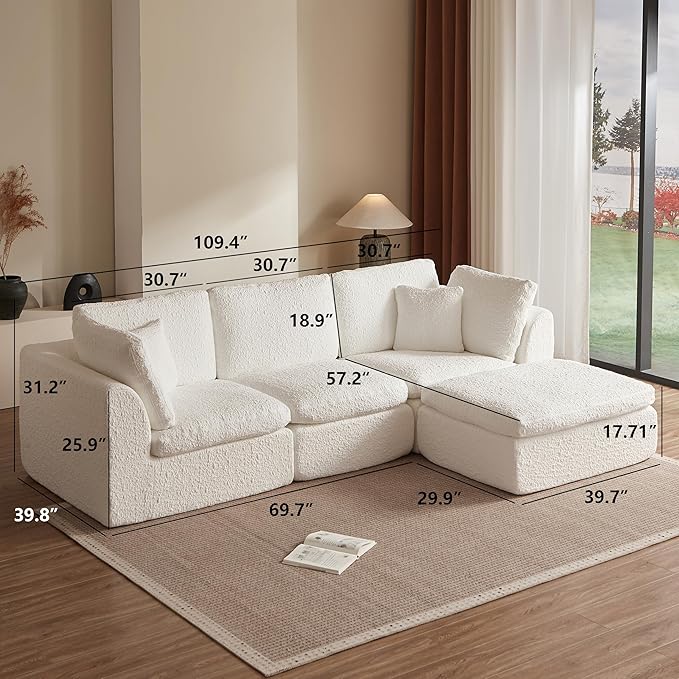 110" Cloud Sectional Couches for Living Room, Convertible L Shape Boneless Couch Chenille Fabric with Ottoman, 3 Seater Modular Sectional Sofa No Assembly Required, White