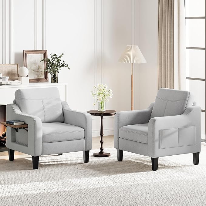 Accent Chair for Living Room Modern Linen Upholstered Armchair Side Wooden Fabric Sofa Chair with Foldable Table 2 Side Pockets Comfy Reading Chair for Bedroom
