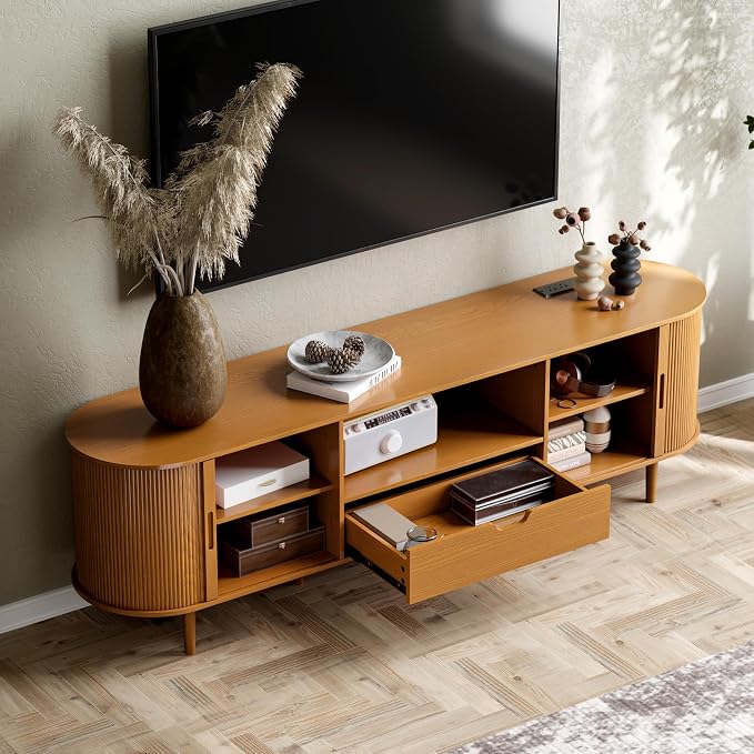 DHH 71" Fluted TV Stand with Power Outlet for TVs up to 80",TV Console with Adjustable Shelves and Sliding Door,Mid Century Modern Entertainment Center for Living Room,Bedroom (Yellow Walnut, 71Inch) - Image 2