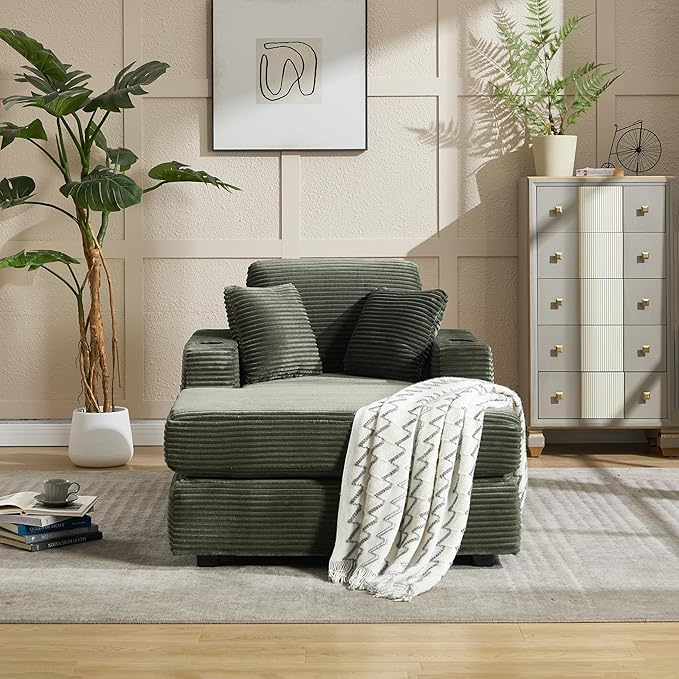 KEIKI Oversized Accent Chair with Ottoman, Chaise Lounge Chair Indoor with Cupholders, Oversized Sofa Bed, Deep Seat Sleeper Couch Reading Chairs for Living Room, Dark Green