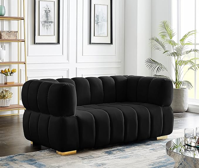Meridian Furniture 670Black-L Gwen Collection Modern | Contemporary Velvet Upholstered Loveseat with Deep Biscuit Tufting
