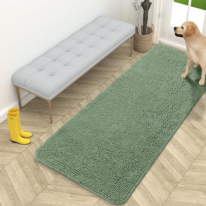 OLANLY Dog Door Mat for Muddy Paws 59x24, Absorbs Moisture and Dirt, Absorbent Non-Slip Washable Doormat, Quick Dry Chenille Mud Mat, Entry Indoor Entryway Carpet for Inside Floor, Olive Green by OLANLY