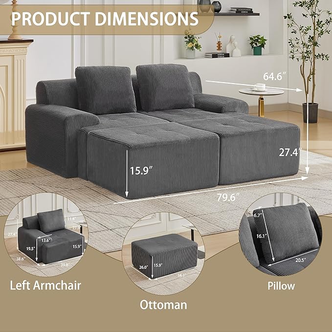 Modular Sectional Sofa with Movable Ottoman, 2 Seat Deep Seat Couch with 2 Pillows, Comfy Cloud Sectional Sofa for Living Room, Bedroom and Apartment (Grey, 1 Left+1 Right+2 Ottoman)