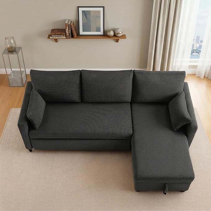 Casaphoria 85" Corduroy Sleeper Sofa with Pull Out Bed & Storage Chaise, L-Shaped Sectional Couch for Small Apartment, Living Room & Guest Room, 3-Seat Convertible Sofa Bed, Black