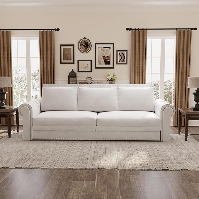 Eafurn 93.7" King Size Pull Out Sofa Bed, 3-in-1 Convertible Sleeper Sofa Couch Bed with Nailhead Decor and Rolled Arms, Velvet Oversized Chesterfield Loveseat Chaise Lounge