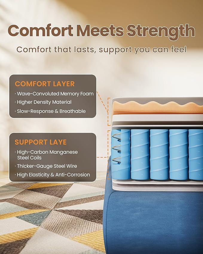 TXO Queen Mattress 12 Inch, Medium Firm Hybrid Mattress, Cool & Dry Anti-Static Cotton Knit, Easy to Clean, Wave Memory Foam and Enhanced Pocketed Springs for Pressure Relief and Back Pain Relief