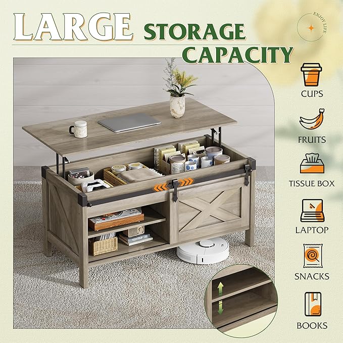 WLIVE Lift Top Coffee Table, 39.4" Farmhouse Coffee Table with Large Hidden Storage Compartment, Sliding Barn Doors, Modern Wood Center Table for Living Room, Office, Grey