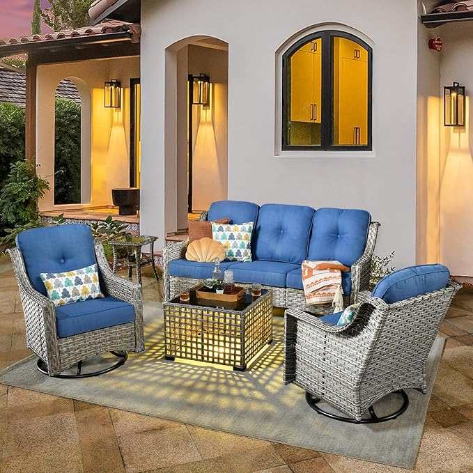 Patio Conversation Set,5 Pieces Wicker Patio Furnitures with Swivel Chair and Coffee Table,All Weather Patio Furniture Set for Garden,Backyard,Poolside(Sapphire Blue)
