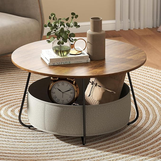 Manora Small Round Coffee Table for Living Room, Modern Center Table with Fabric Basket Storage, Cute Circle Table for Small Spaces, Metal Frame, Brown