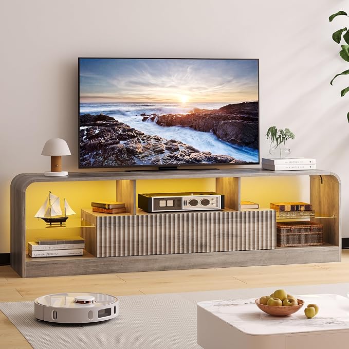TV Stand for 60/65/70 Inch TVs, Modern Curved TV Console with LED Lights, 2 Drawers & Glass Shelves, Living Room Entertainment Center - Image 7