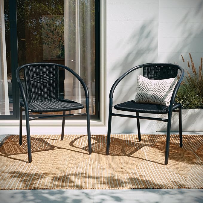 EMMA + OLIVER Set of 2 Modern Rattan Indoor/Outdoor Stack Chairs, Stacking Rattan Patio Chairs with Curved Back and Cross Bracing, Black by EMMAOLIVER