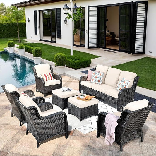 HOOOWOOO Patio Furniture Set,7 Piece Outdoor Furniture,Wicker Patio Conversation Couch Chairs Ottoman Set,Beige