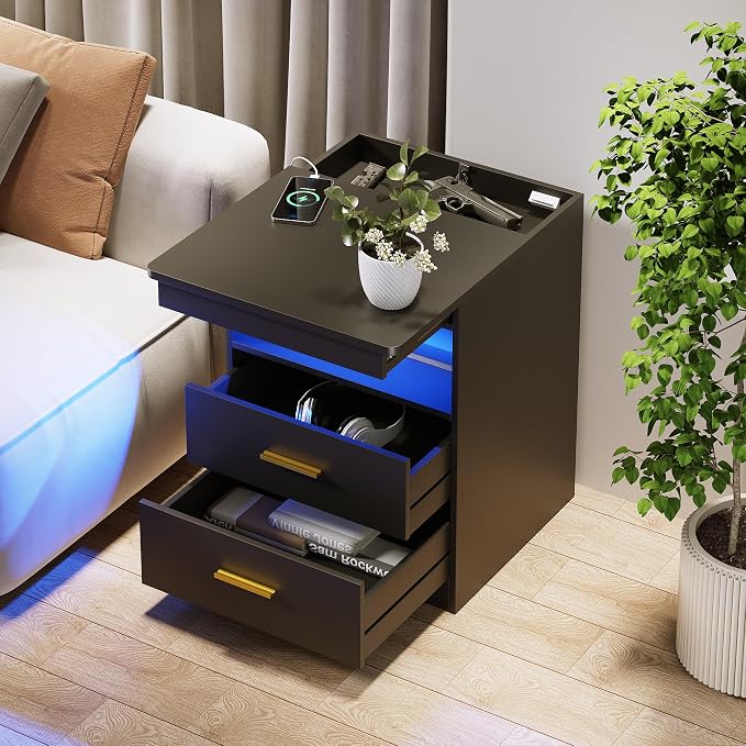 Nightstand Set of 2, Charging Bedside Table with USB & Type-C Port, LED Nightstand with Human Sensor Light, Modern End Table with Gun Drawers for Bedroom Office, Black - Image 2