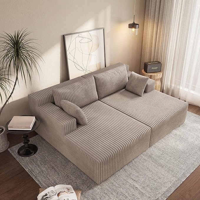 71-Inch Fluffy Corduroy Boneless Sleeper Daybed Loveseat Double Recliner Chaise Lounge Sofa Couches, Floor Cloud Sofa Chaise W/4 Pillows for Home Apartment Living Room