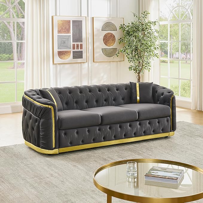 KEIKI 85" Luxury Oversized Velvet Chesterfield Sofa with 2 Pillow & Gold Stainless Decoration, Italian Modern Style 3-Seater Button Tufted Couch with Rolled Arms, Easy Assembly, for Living Room, Gray