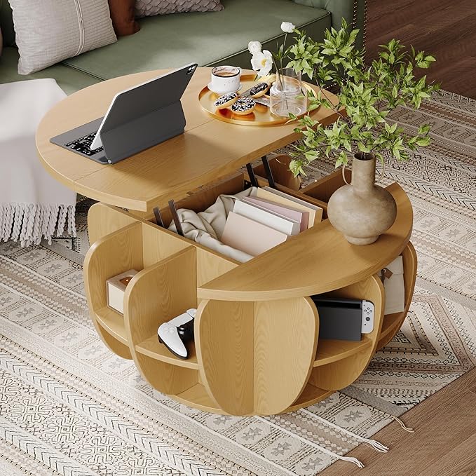 32.7" Lift Top Coffee Table with Storage, Natural Wood Round Center Table with Hidden Storage Compartment & Shelves, Mid Century Modern Coffee Tables for Living Room Rustic Accent Small Center Table