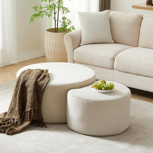 kevinplus 49.7'' Foam Round Nesting Coffee Table Set of 2, Modern Upholstered Side End Table Ottoman Footrest, No Assembly, Beige