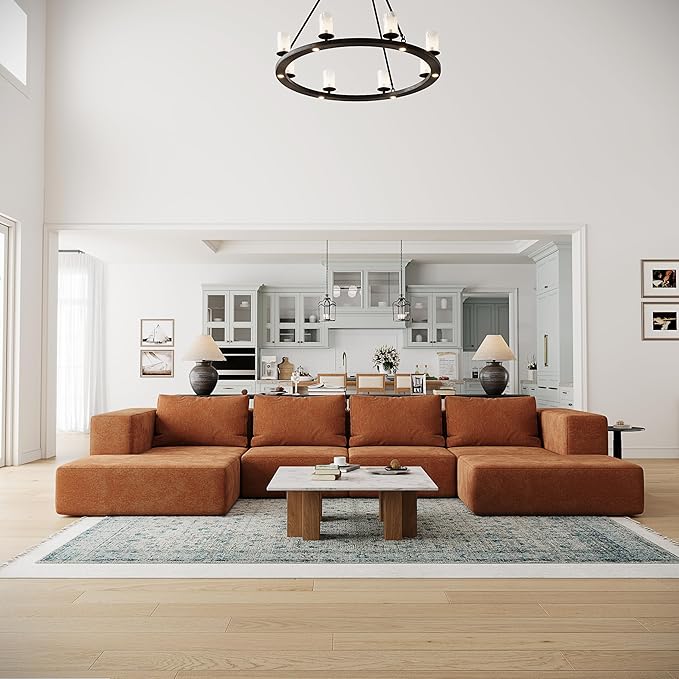 Acanva Oversized Modular Sectional Sofa with Removable Washable Slipcovers, Modern Low Profile Deep Seat Couch for Living Room, Chenille-Tangerine, 4 Armless Chairs & 4 Armrests/Ottomans