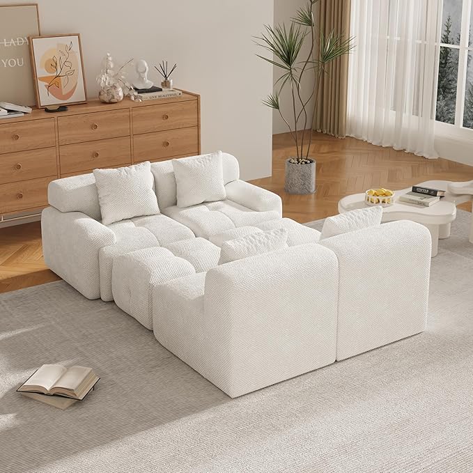 135" U-Shaped Compressed Sectional Cloud Sofa, Flannel Upholstered Modular Tufted Sofa with 6 Pieces, Symmetrical Boneless Foam Modular Cloud Couches for Living Room