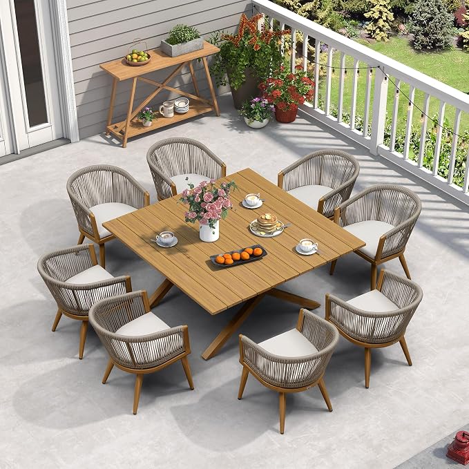 PURPLE LEAF Outdoor Dining Set for 8 All-Weather Aluminum 9 Piece Furniture Sets with Woodgrain Large Square Table and Rope Weave Chairs Included Cushions for Backyard Indoor Patio Set Teak Color by PURPLELEAF