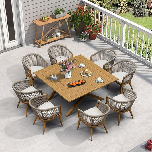 PURPLE LEAF Outdoor Dining Set for 8 All-Weather Aluminum 9 Piece Furniture Sets with Woodgrain Large Square Table and Rope Weave Chairs Included Cushions for Backyard Indoor Patio Set Teak Color by PURPLELEAF