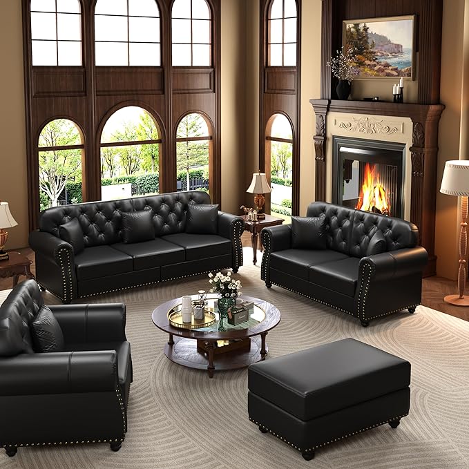 KEIKI 3-Piece Chesterfield Sofa Set with 1 Faux Leather 3-Seater Sofa & 1 Loveseat & 1 Single Sofa, 6-Seater Couch Set with Nailhead Trim & Rolled Arms & 1 Ottoman & 6 Pillow, for Living Room, Black