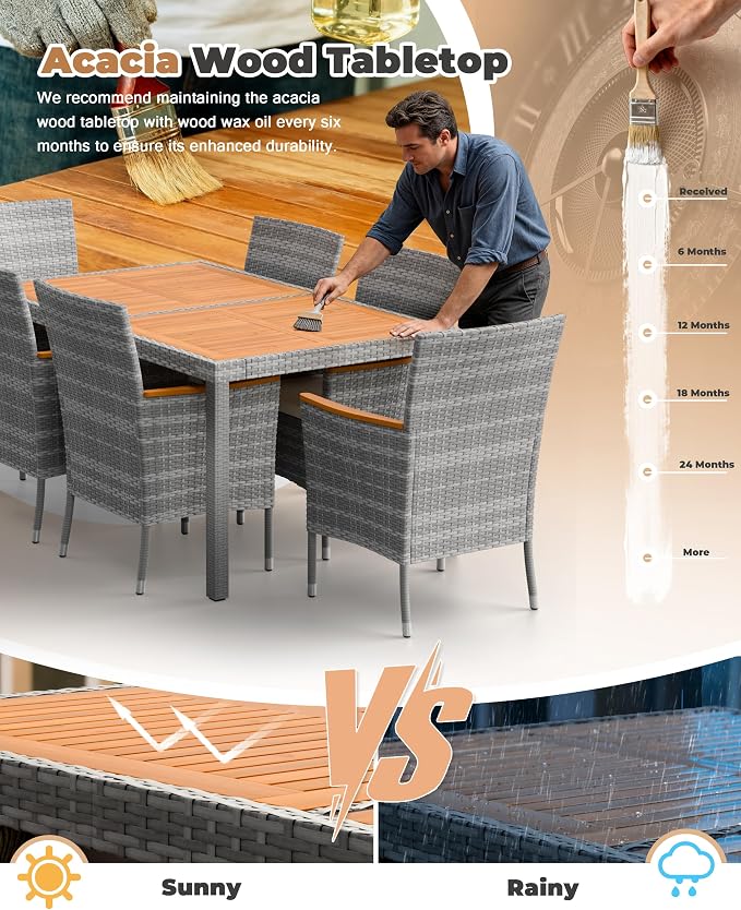 Flamaker 7 Piece Patio Dining Set Outdoor Acacia Wood Table and Chairs with Soft Cushions Wicker Patio Furniture for Deck, Backyard, Garden (Grey) - Image 6