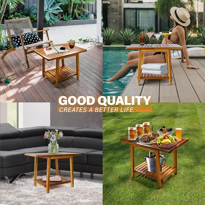 ENKEZI Acacia 24 Inches Outdoor Side Table, 2-Tier Sturdy Patio, End Table Weather Resistant, Strong Stability Side Table for Patio, Pool, Porch, Teak Finish (Large) - Image 6