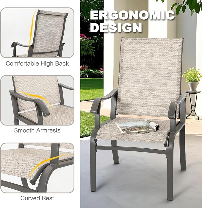 NUU GARDEN Patio Dining Chairs Set of 2, Outdoor Dining Chair with Powder-Coated Frame, All Weather Metal Dining Chairs with Textilene High Back and Wider Seat for Backyard, Deck, Balcony, Beige - Image 6
