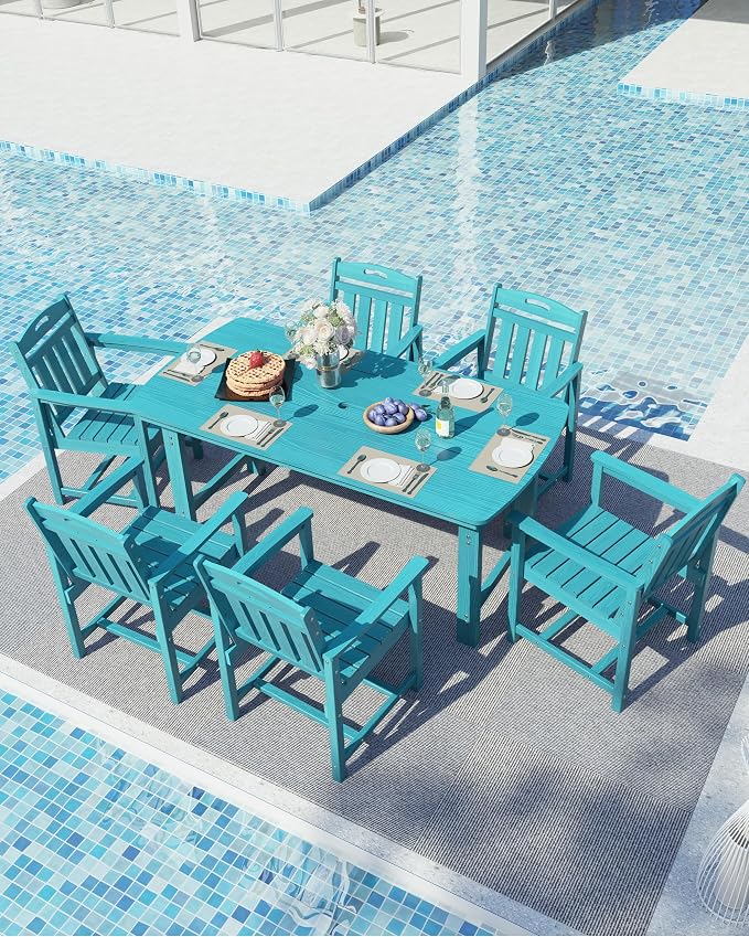Ciokea HDPE Outdoor Dining Set, 7-Piece Patio Table and Chairs Set with Umbrella Hole, All-Weather Patio Dining Sets for 6, Durable Patio Furniture for Backyard, Garden, Lawn & Poolside, Lake Blue - Image 7