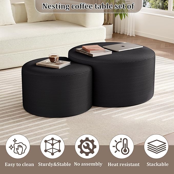 Nesting Coffee Table Set of 2, Round Corduroy Modular Sectional Sofa Stool Circle Foam Side Table for Living Room, Entryway and Small Spaces No Assembly (Dark Gray, 32"+17")